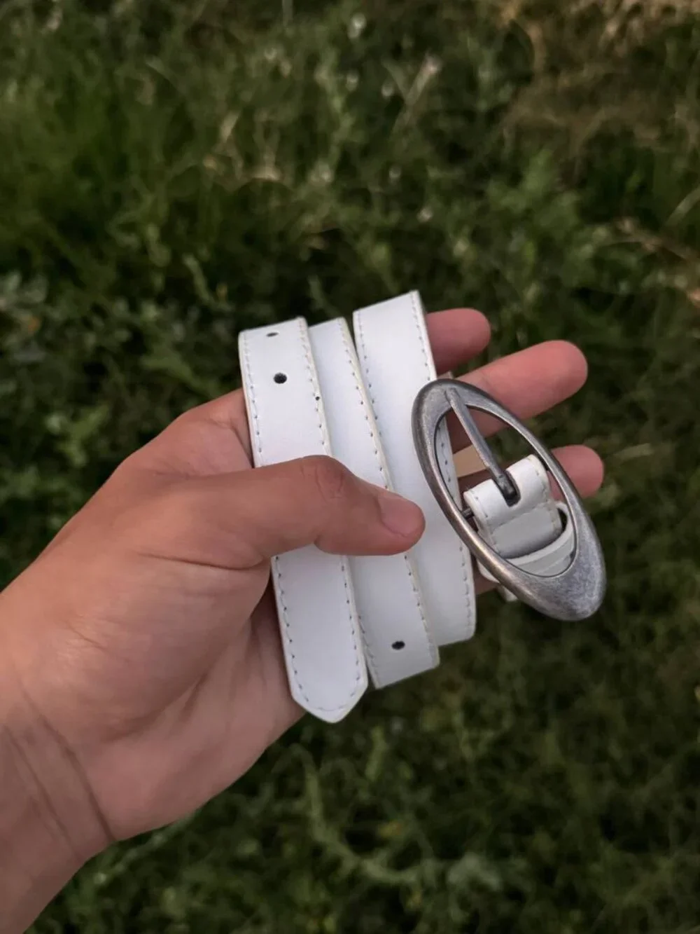 White Belt with Oversized Silver Oval Buckle